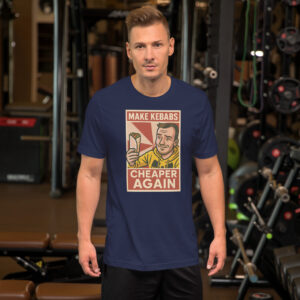 "MAKE KEBABS CHEAPER AGAIN" Unisex marškinėliai - navy, XS